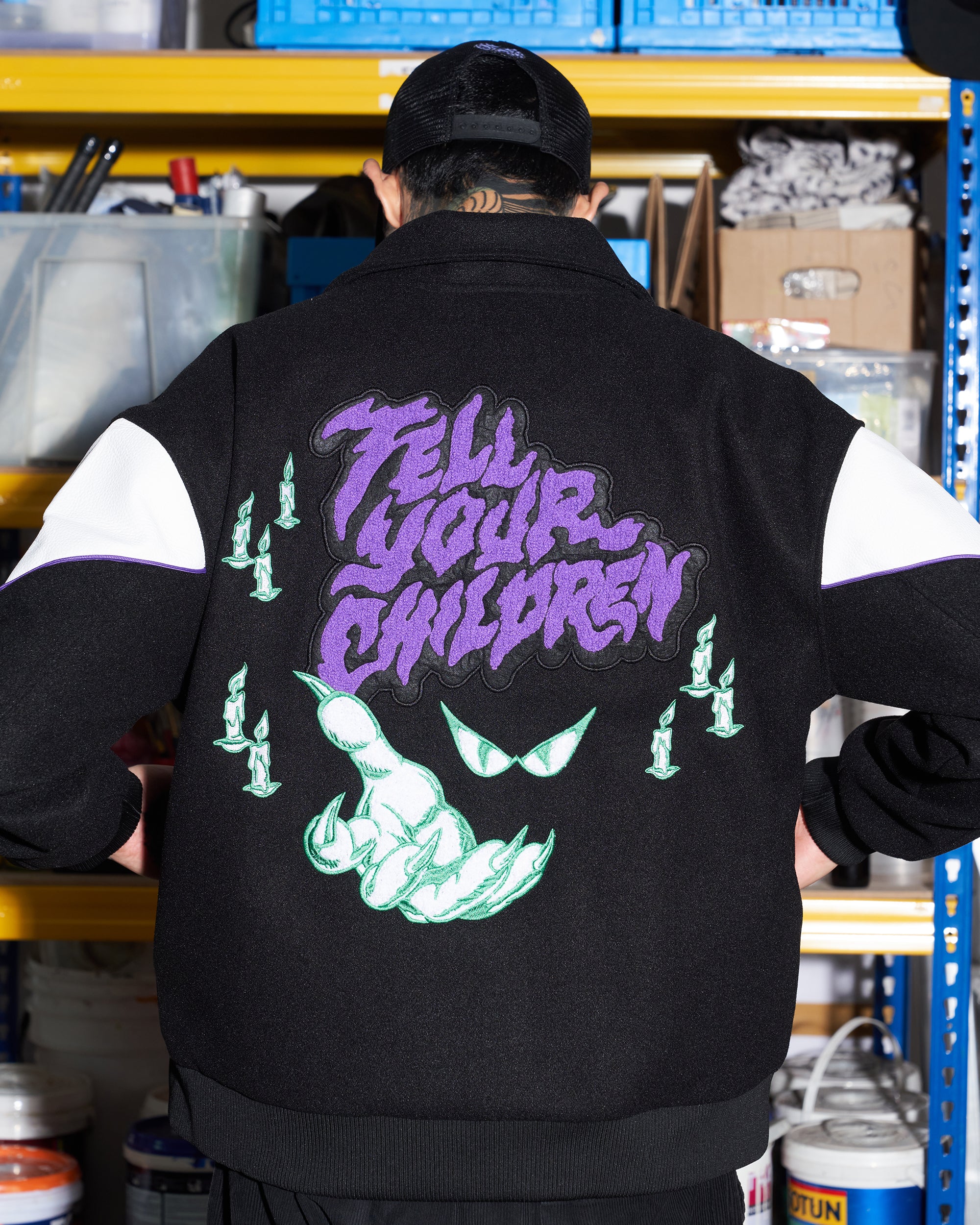 SHADOWY VOICES VARSITY JACKET - BLACK