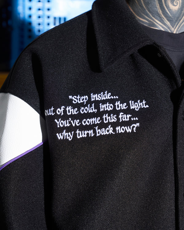 SHADOWY VOICES VARSITY JACKET - BLACK