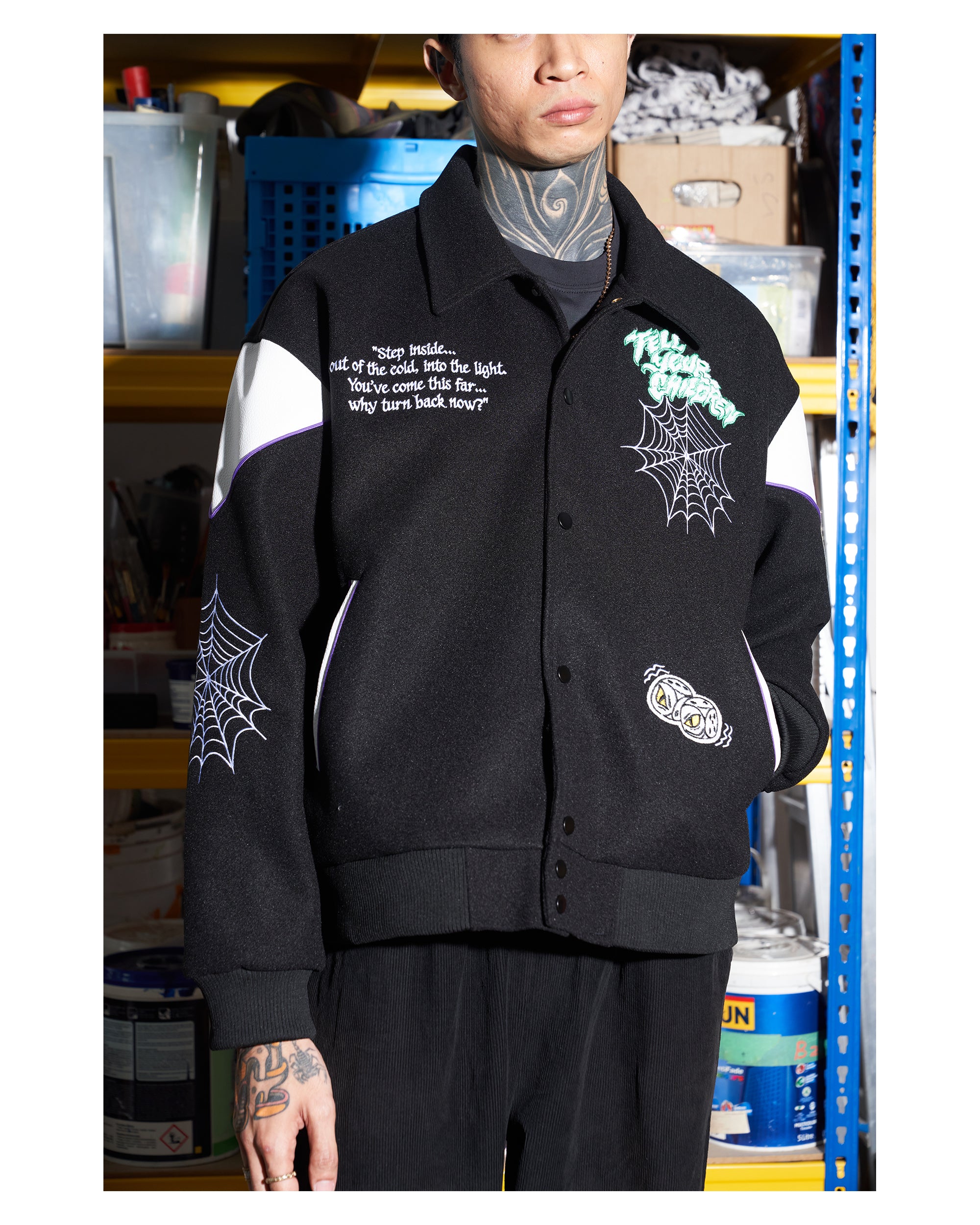 SHADOWY VOICES VARSITY JACKET - BLACK