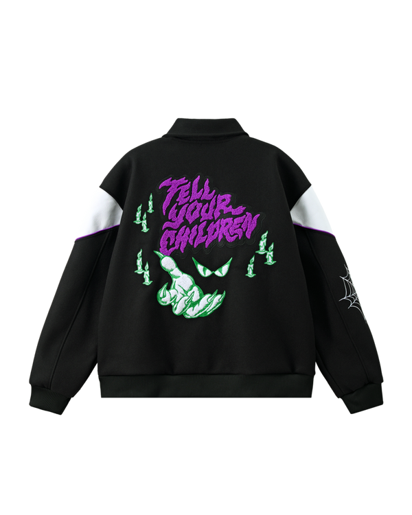 SHADOWY VOICES VARSITY JACKET - BLACK