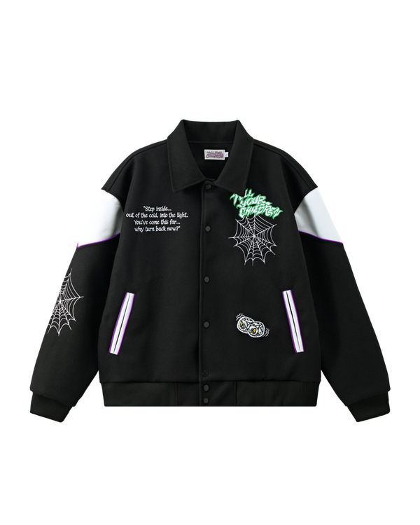 SHADOWY VOICES VARSITY JACKET - BLACK